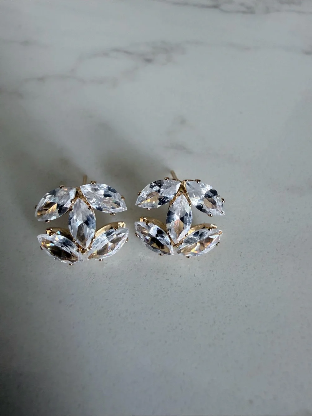 Chanel Gold-Setting Clear Marquise Crystal Cluster Earrings - Women Jewelry